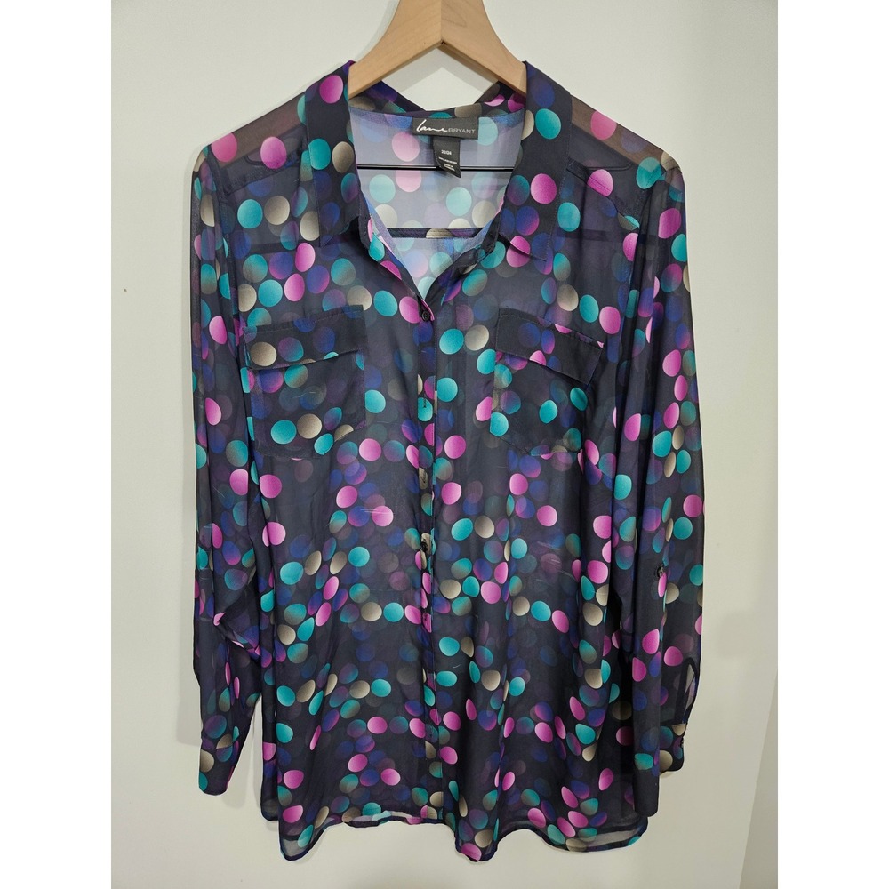 Lane Bryant Sheer Polka Dot Button Down Blouse Purple Teal‎ Black Plus 22/24
